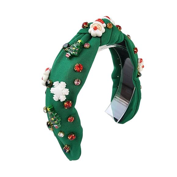 Christmas Embellished Green Knotted Headband Santa Claus Rhinestones Festive NEW - Picture 1 of 5